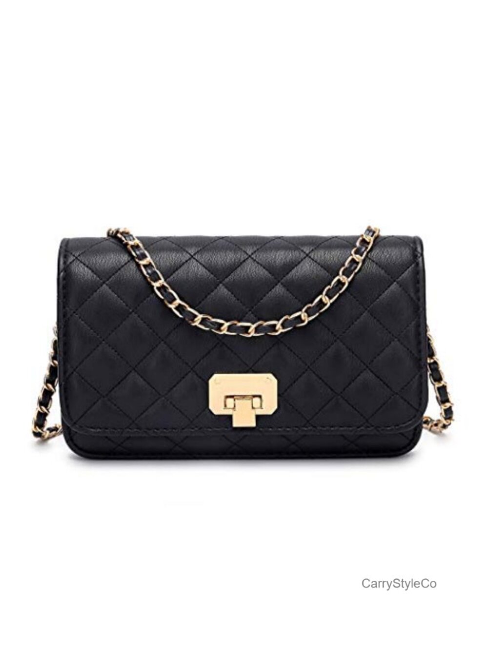 Quilted PU Leather Crossbody Bag with Chain Strap Lock Closure